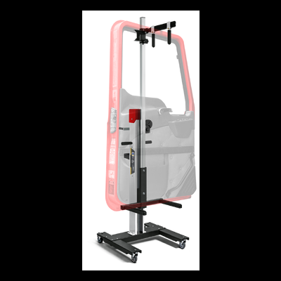 Painel lateral de porta de automóvel vermelho com vidro transparente num suporte.