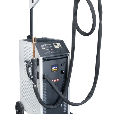 Máquina de soldadura industrial em carrinho com rodas e cabo preto