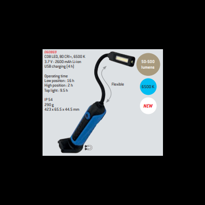 Lanterna LED azul e preta com braço flexível e especificações técnicas visíveis.