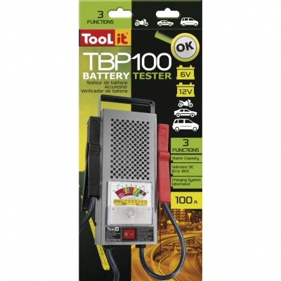 Teste de bateria Tool it TBP100 com medidor analógico e cabos preto e vermelho na embalagem preta e verde