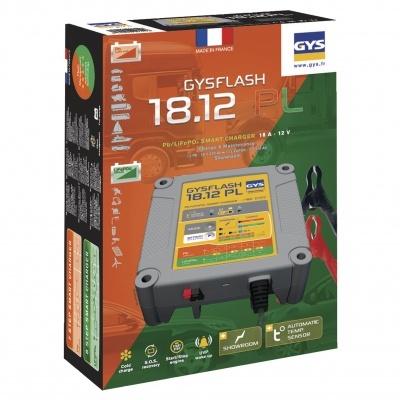 Caixa do carregador GYSFLASH 18.12 PL para baterias, com texto em laranja, verde e cinza