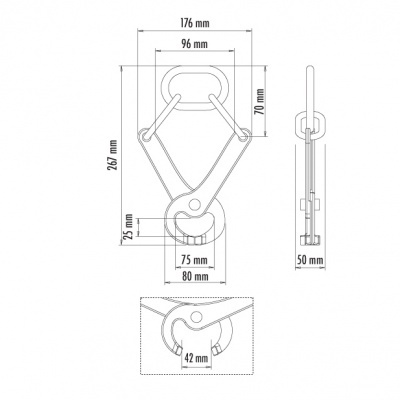 Desenho técnico em preto e branco de gancho de metal com medidas em mm