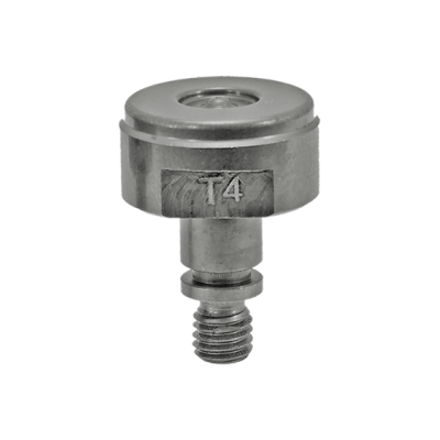 Peça metálica prateada com parafuso e inscrição T4