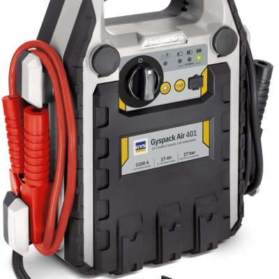 Carregador portátil e compressor de ar GYSPACK Air 401 preto e cinza com cabos