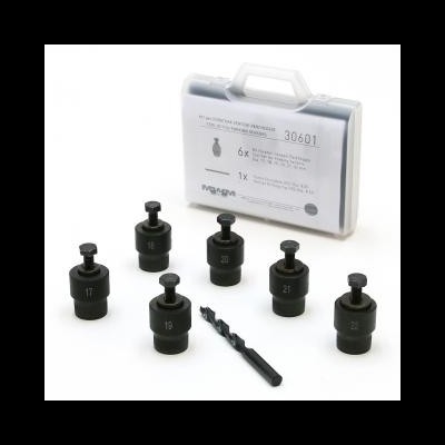 Conjunto de ferramentas para furação em aço preto com estojo cinza.