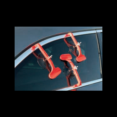 Sistema de fixação vermelho com ventosas em janelas de carro cinza