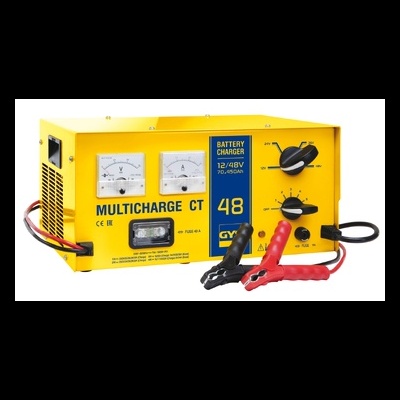 Carregador de bateria amarelo com medidores analógicos e garras vermelha e preta.