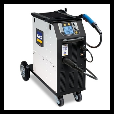 Máquina de soldar GYS branca e preta com painel digital e roda