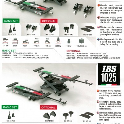 Dois modelos de elevadores móveis pneumáticos IBS 1022 e IBS 1025 com acessórios e descrições técnicas