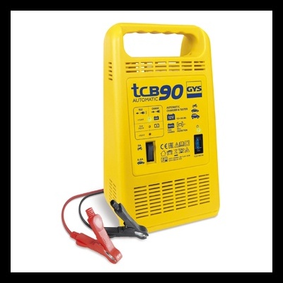 Carregador de bateria amarelo TCB 90 da marca GYS com cabos e garras