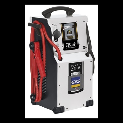 Carregador de bateria automóvel GYSCAP 24V branco e preto com cabos vermelhos
