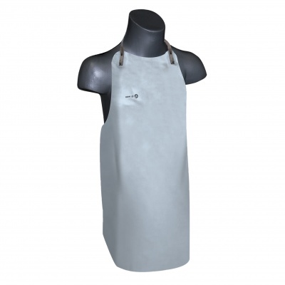 Avental cinzento claro com tiras de couro castanho em manequim preto