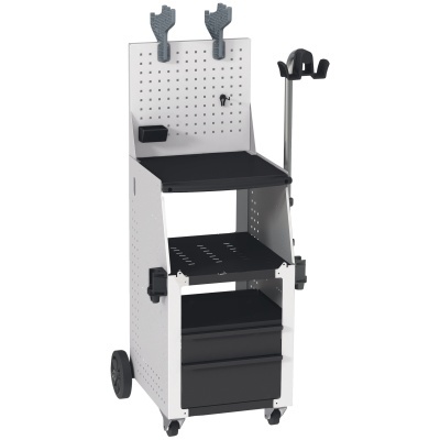 Carrinho organizador de ferramentas em metal branco com rodas e gavetas pretas