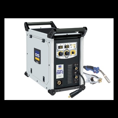 Máquina de soldar GYS Multipro 250T-C cinza com controlos amarelos e acessórios