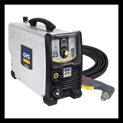 Máquina de soldar GYS cinza e preta com mostrador e cabos e pistola
