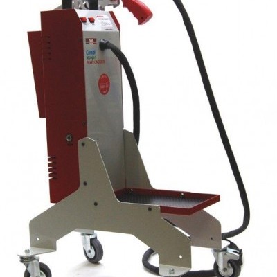 Máquina industrial móvel vermelha e cinzenta com rodas e cabo preto.