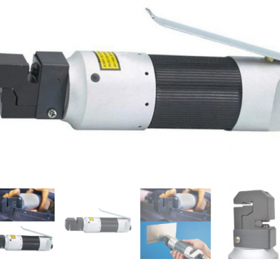 Ferramenta de corte pneumática com punho preto, alavanca metálica e etiqueta amarela