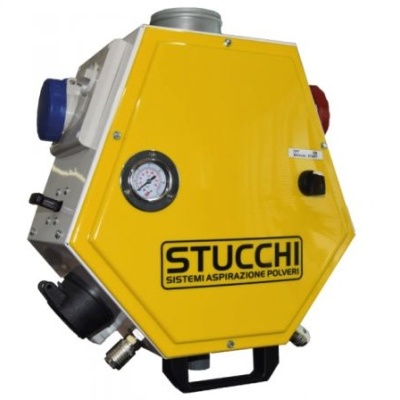 Dispositivo industrial amarelo com manómetro e texto STUCCHI