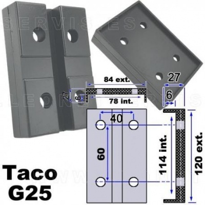 Taco metálico cinzento com quatro furos e dimensões técnicas