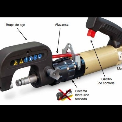 Ferramenta hidráulica com braço de aço, alavanca, manómetro e gatilho de controlo
