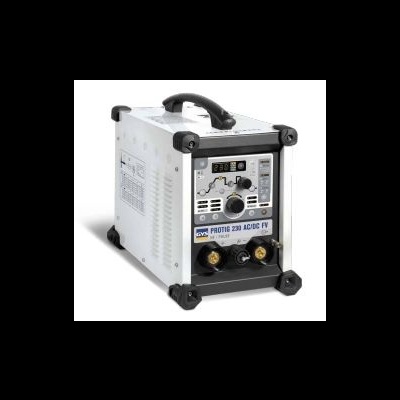 Máquina de soldar PROTEC 230 AC/DC FV branca com painel frontal e manípulo preto