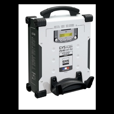 Carregador de bateria GYS branco e preto com pega e etiquetas visíveis