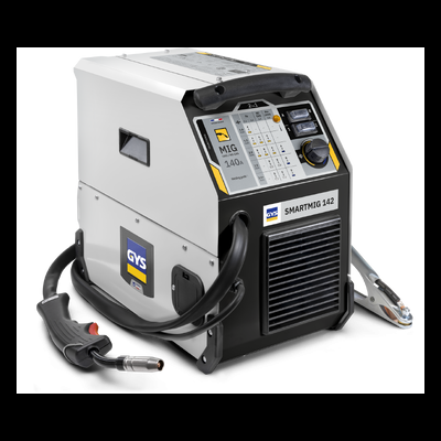 Máquina de soldar MIG cinza e preta com detalhes amarelos, texto SMARTMIG 142 e marca GYS