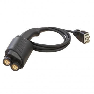 Adaptador de cabo elétrico com conector cinzento e adaptador preto com duas entradas douradas