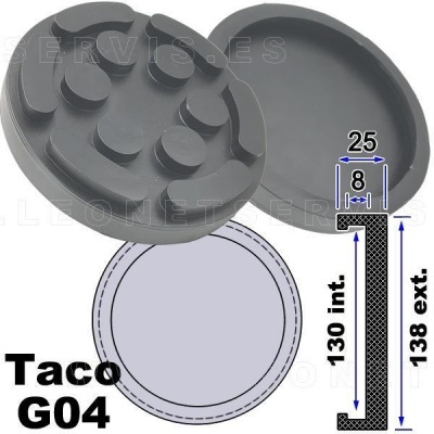 Tacos redondos cinza com saliências e esquema técnico com medidas