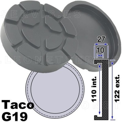 Taco de borracha preto G19 com base circular e topo segmentado.