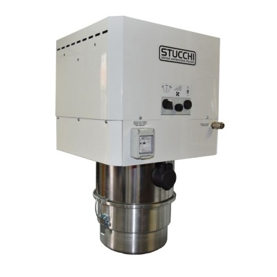 Produto industrial Stucchi branco e metálico com botões e etiquetas