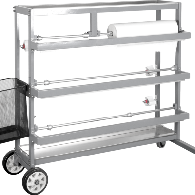 Carrinho metálico com prateleiras, roda e suporte para rolos