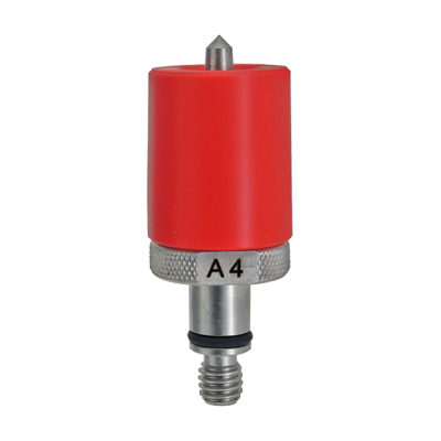 Peça mecânica com corpo vermelho, ponta metálica e rosca na base, com inscrição A4.