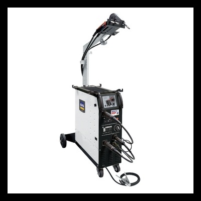Máquina de solda móvel branca e preta com cabos e braço articulado