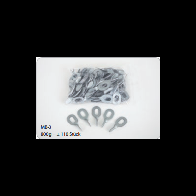 Anilhas metálicas cinzentas em saco plástico e dispostas em linha, texto MB-3 800 g = ± 110 Stück