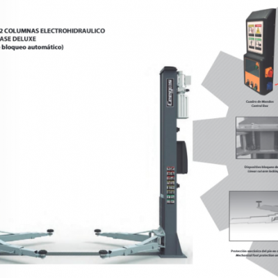Elevador eletrohidráulico de 2 colunas preto e cinza com braços ajustáveis