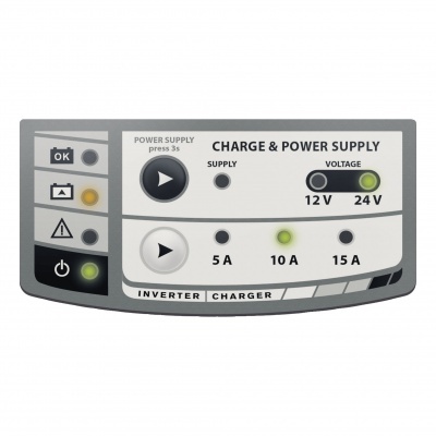 Painel de controlo de equipamento de energia com botões, LEDs e texto