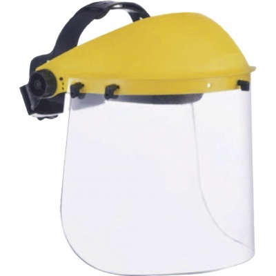 Viseira de proteção facial amarela com tela transparente curva e suporte preto ajustável