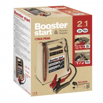 Caixa de Booster Start & Power Supply com dispositivo portátil bege e cabos vermelhos e pretos.