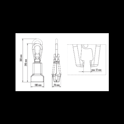 Desenho técnico do dispositivo metálico com medidas em milímetros