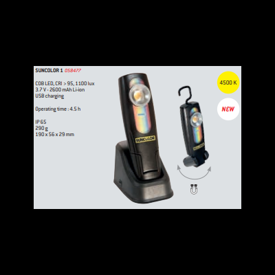 Lanterna LED SUNCOLOR I preta em base de carregamento com especificações técnicas visíveis