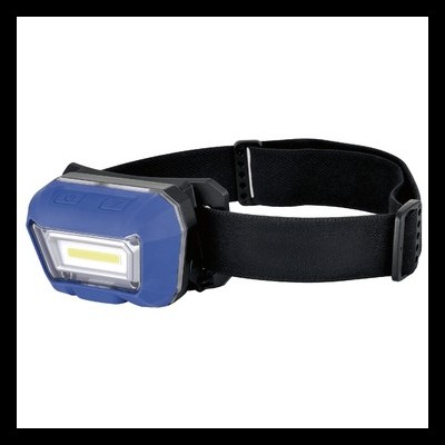 Lanterna de cabeça azul com banda preta ajustável em fundo branco