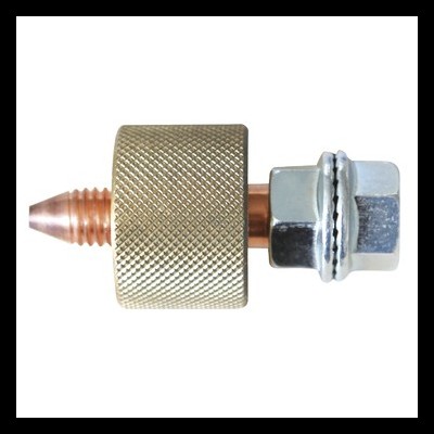 Conector metálico com corpo dourado texturizado, ponta cónica de cobre e elemento prateado