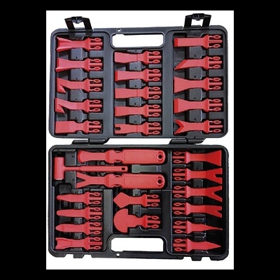 Estojo preto aberto com várias ferramentas vermelhas organizadas dentro