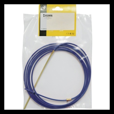 Cabo de aço azul embalado em saco plástico transparente com etiqueta amarela e branca