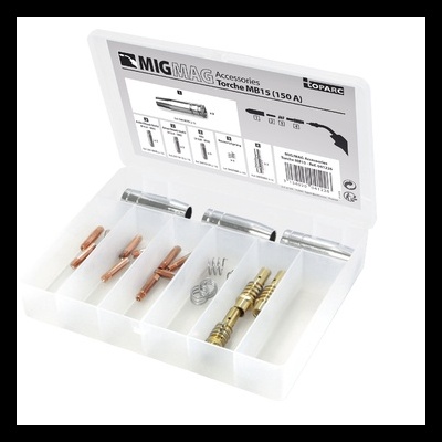 Estojo branco com acessórios metálicos para soldadura MigMag