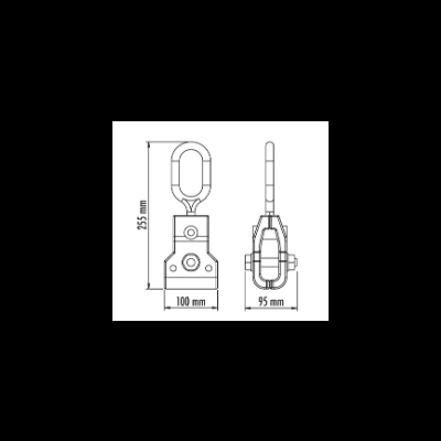 Desenho técnico de peça mecânica com dimensões 255 mm x 100 mm x 95 mm