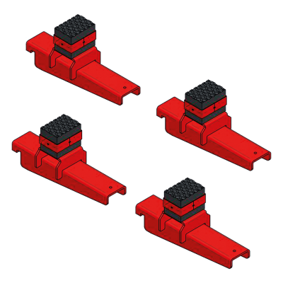 Suportes vermelhos com topo preto almofadado em fundo branco