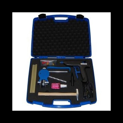 Conjunto de ferramentas em estojo azul com pistola de cola quente e acessórios