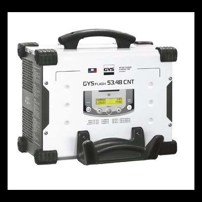 Maquina de soldar branca e preta com visor digital amarelo e alça preta